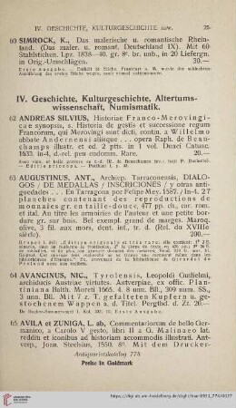 IV. Geschichte, Kulturgeschichte, Altertumswissenschaft, Numismatik (No. 62 - 141)