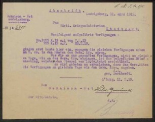 Zusendung von Verfügungen des Kriegsministers an die Garnisonräte, Übermittlung an die Truppenteile und Behörden