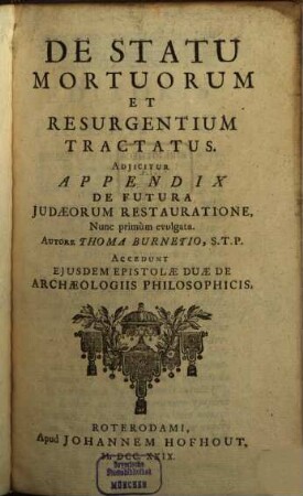 De Statu Mortuorum et Resurgentium tractatus : Append. de futura Judaeorum restauratione