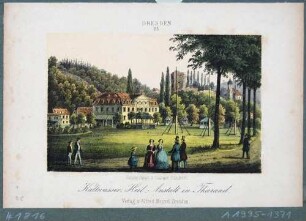 Das Bad (Kaltwasser-Heilanstalt) in Tharandt mit der Bergruine und Stadt- und Bergkirche im Hintergrund