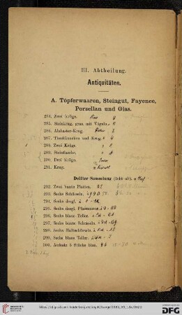 III. Abtheilung: Antiquitäten (Nr. 284 - 615)