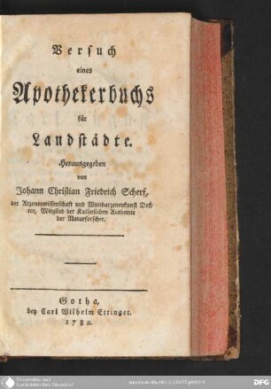 Versuch eines Apothekerbuchs für Landstädte