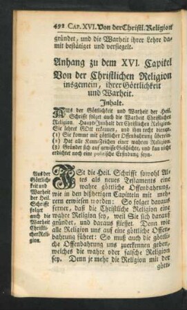 Anhang zu dem XVI. Capitel Von der Christlichen Religion insgemein, ihrer Göttlichkeit und Warheit.
