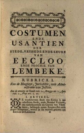 Costumen Ende Usantien, Der Stede Vryhede Ende Keure Van Eecloo Ende Prochie Van Lembeke