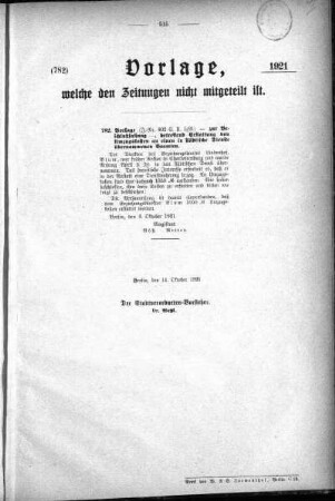 Anlagen: (782), Vorlagen, welche den Zeitungen nich mitgeteilt sind, 14. Oktober 1921