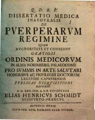 Dissertatio medica inauguralis de puerperarum regimine