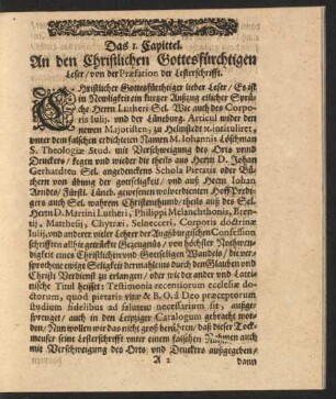 Das 1. Capittel. An den Christlichen Gottesfürchtigen Leser/ von der Praefation der Lesterschrifft.