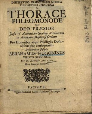 Dissertatio Inauguralis Medica Theoretico-Practica De Thorace Phlegmonode