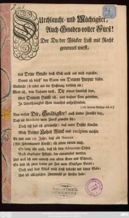 Dem Königlichen Printz, Chur-Sachßens Ober-Herrn, Herrn Friederich August ... Soll dieses Supplicat devot behändigt werden