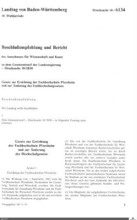 Gesetz zur Errichtung der Fachhochschule Pforzheim