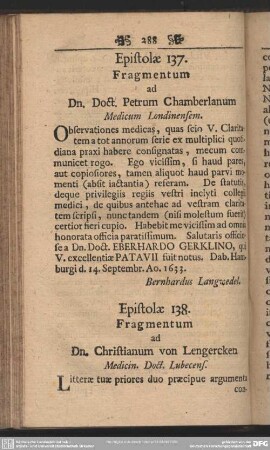 Epistolae 137. Fragmentum ad Dn. Doct. Petrum Chamberlanum Medicum Londinensem