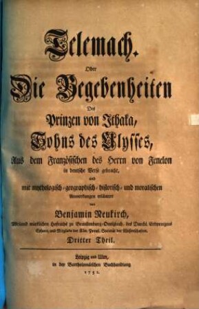 Die Begebenheiten des Prinzen von Ithaca, Oder: Der seinen Vater Ulysses, suchende Telemach, 3