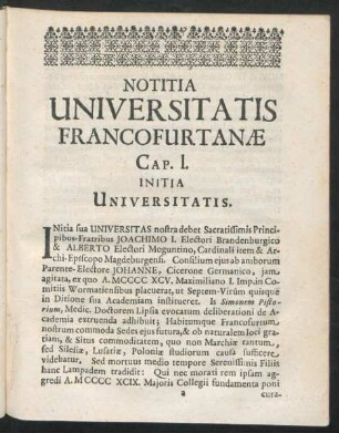 Notitia Universitatis Francofurtanae Cap. I. Initia Universitatis.