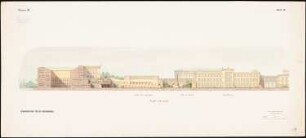 Bebauungsplan für die Museumsinsel, Berlin 3. Entwurf: Ansicht vom Kupfergraben aus, Längsschnitt durch die Gemäldegalerie