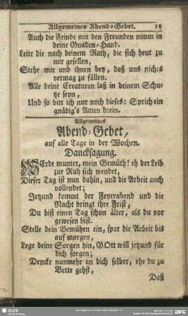 Allgemeines Abend-Gebet, auf alle Tage in der Wochen