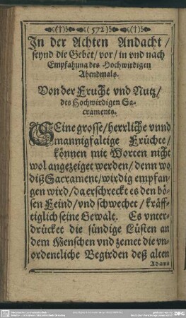 In der Achten Andacht, seynd die Gebet, vor, in und nach Empfahung des Hochwirdigen Abendmahls