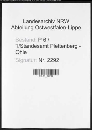 Sterberegister Standesamt Plettenberg-Ohle