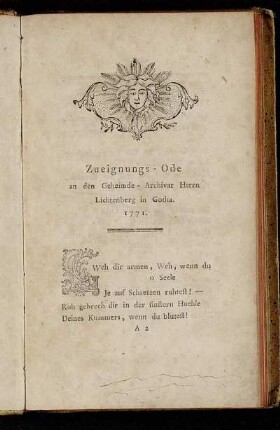 Zueignungs-Ode an den Geheimde-Archivar Herrn Lichtenberg in Gotha.