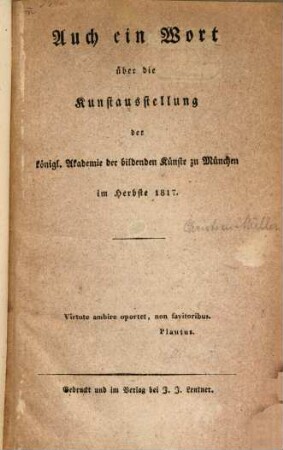 Auch ein Wort über die Kunstausstellung der königlichen Akademie der bildenden Künste zu München