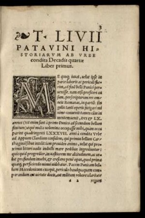 T. Livii Patavini Historiarum Ab Urbe condita Decadis quartae Liber primus.