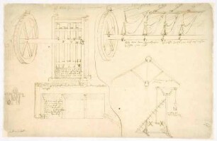 Ansichtsskizzen, Grundriss, Details der Pochmühle zum Zerkleinern des Erzes und von Blasebälgen beim Schmelzofen (Tinte, Folio)