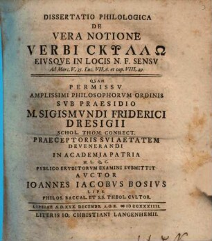 Dissertatio Philologica De Vera Notione Verbi Skyllō Eivsqve In Locis N. F. Sensv : Ad Marc. V, 35, Luc. VII, 6 et cap. VIII, 49