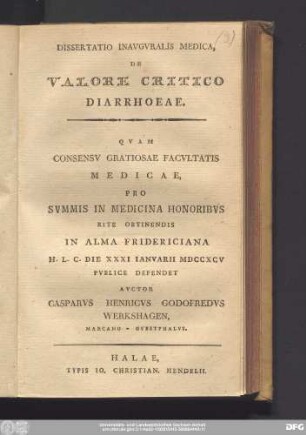 Dissertatio Inavgvralis Medica, De Valore Critico Diarrhoeae