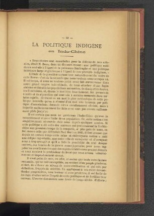La Politique Indigène en Indo-Chine.