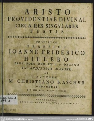 Aristo Providentiae Divinae Circa Res Singulares Testis