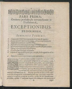 Pars Prima, Continens praeludia seu introductionem in Tractatum de Exceptionibus