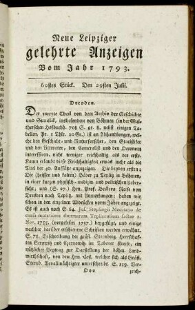 60stes Stück. Den 29sten Julii.