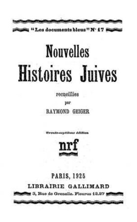 Nouvelles Histoires juives recueillies / par Raymond Geiger