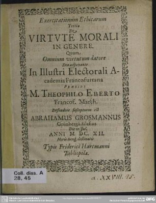 Exercitationum ethicarum tertia de virtute morali in genere