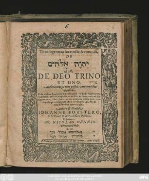 Theologemata succincta & rotunda, De [...] id est, De Deo Trino Et Uno, Antitrinitariis tum priscis tum recentibus opposita : Et in inclita Academia Witebergensi, in Festo Sacrosanctae Trinitatis, publice proposita, ut de illis, ad diem proxime subsequentem 27. Maii, horis locoq[ue] consuetis, debita cum reverentia erga adorandum isthoc Mysterium, ...