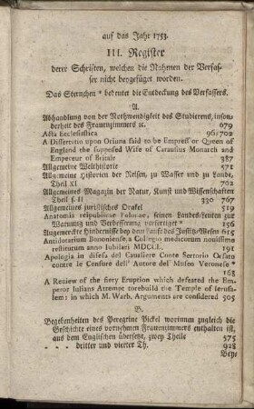 III. Register derer Schriften, welchen die Nahmen der Verfasser nicht beygefüget worden.