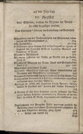 III. Register derer Schriften, welchen die Nahmen der Verfasser nicht beygefüget worden.