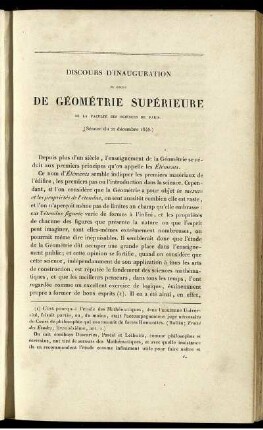 Discours d´inauguration du cours de géométrie supérieure de la faculté des sciences des paris.