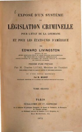 Exposé d'un système de législation criminelle pour l ́état de la Louisiane et pour les États-Unis d ́Amérique, 2