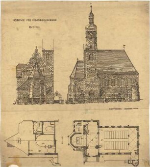 Fischer, Theodor; Oberbessenbach; St. Stephanuskirche - Grundriss, Ansichten, Schnitt