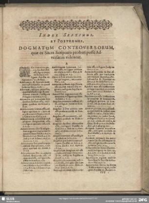 Index Septimus, Et Postremus, Dogmatum Controversorum. quae ex Sacra Scriptura probari posse Adversariis videntur