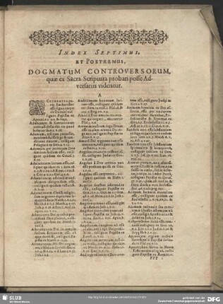 Index Septimus, Et Postremus, Dogmatum Controversorum. quae ex Sacra Scriptura probari posse Adversariis videntur