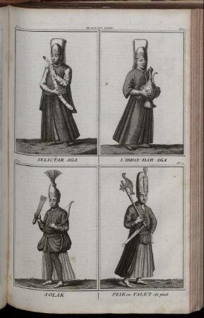 Planche. XXXIV. : No 1. Selictar Aga ; No 2. L'Ibrie-Dar Aga ; No 3. Solak ; No 4. Peik ou Valet de pied