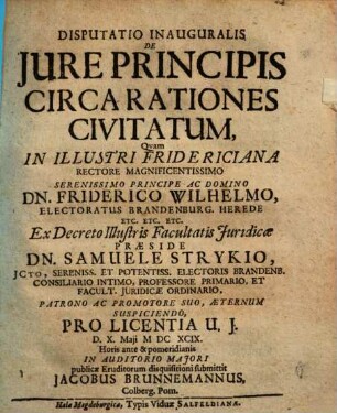 Disputatio Inauguralis De Jure Principis Circa Rationes Civitatum