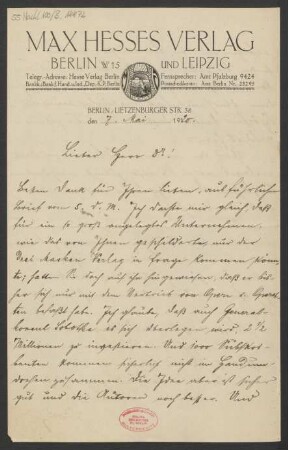 Brief an Alfred Einstein : 07.05.1920