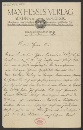 Brief an Alfred Einstein : 07.05.1920