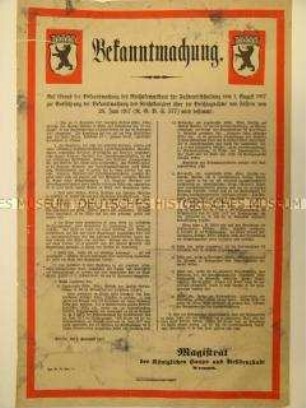 Maueranschlag: Bekanntmachung der Meldepflicht für Fässer, Kübel, Bottiche o.ä.