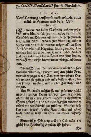 Cap. XIV. Von Wartung der fremden Gewächse/ auch etlicher Blumen und deren Vermehrung. - Cap. XX. Von Gärtner-Instrumenten und Geräthschafft.