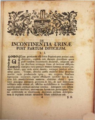 Dissertatio Inauguralis Medica De Incontinentia Urinæ Post Partum Difficilem