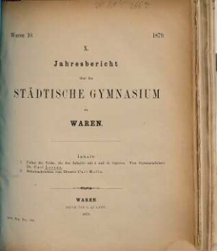 Jahresbericht des Städtischen Gymnasiums zu Waren, 1878/79 = Jahresb. 10