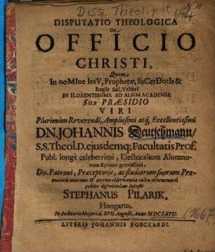 Disputatio Theologica De Officio Christi